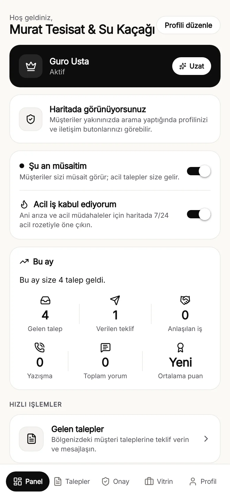 Guro usta paneli: abonelik ve müsaitlik durumu